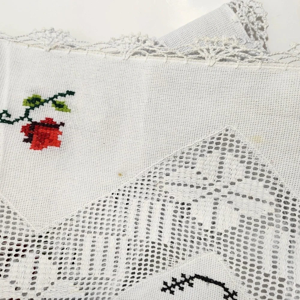 Vintage Embroidered Floral Tablecloth Cross Stitch Openwork Lace Cottagecore